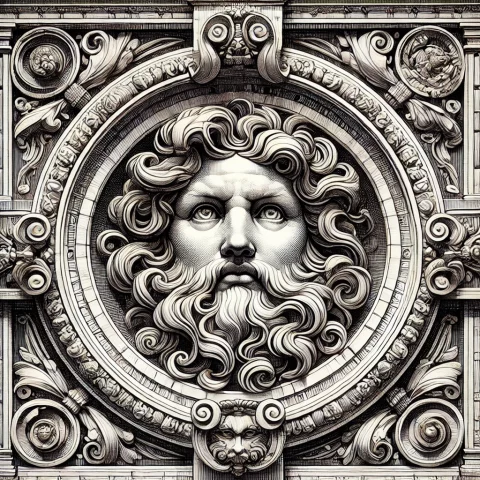 DALL·E -- .. - A detailed architectural drawing in the style of Michelangelo, focusing on a decorative face in the center of an architectural medallion. The face, wi